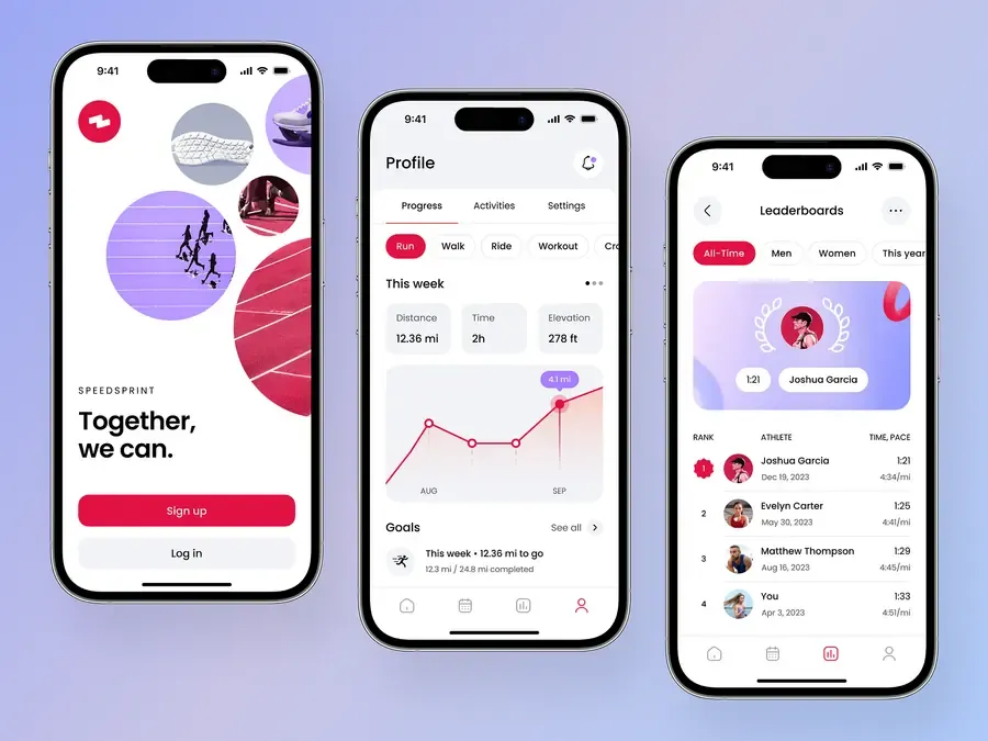 Fitness tracking mobile app screens with activity rings and leaderboards