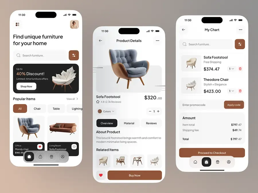 Furniture shopping mobile app screens with product details and cart