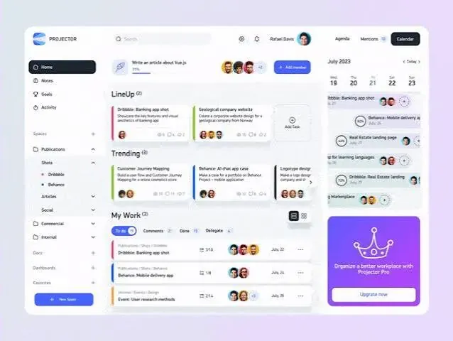 Project management dashboard with task lists, team avatars and calendar