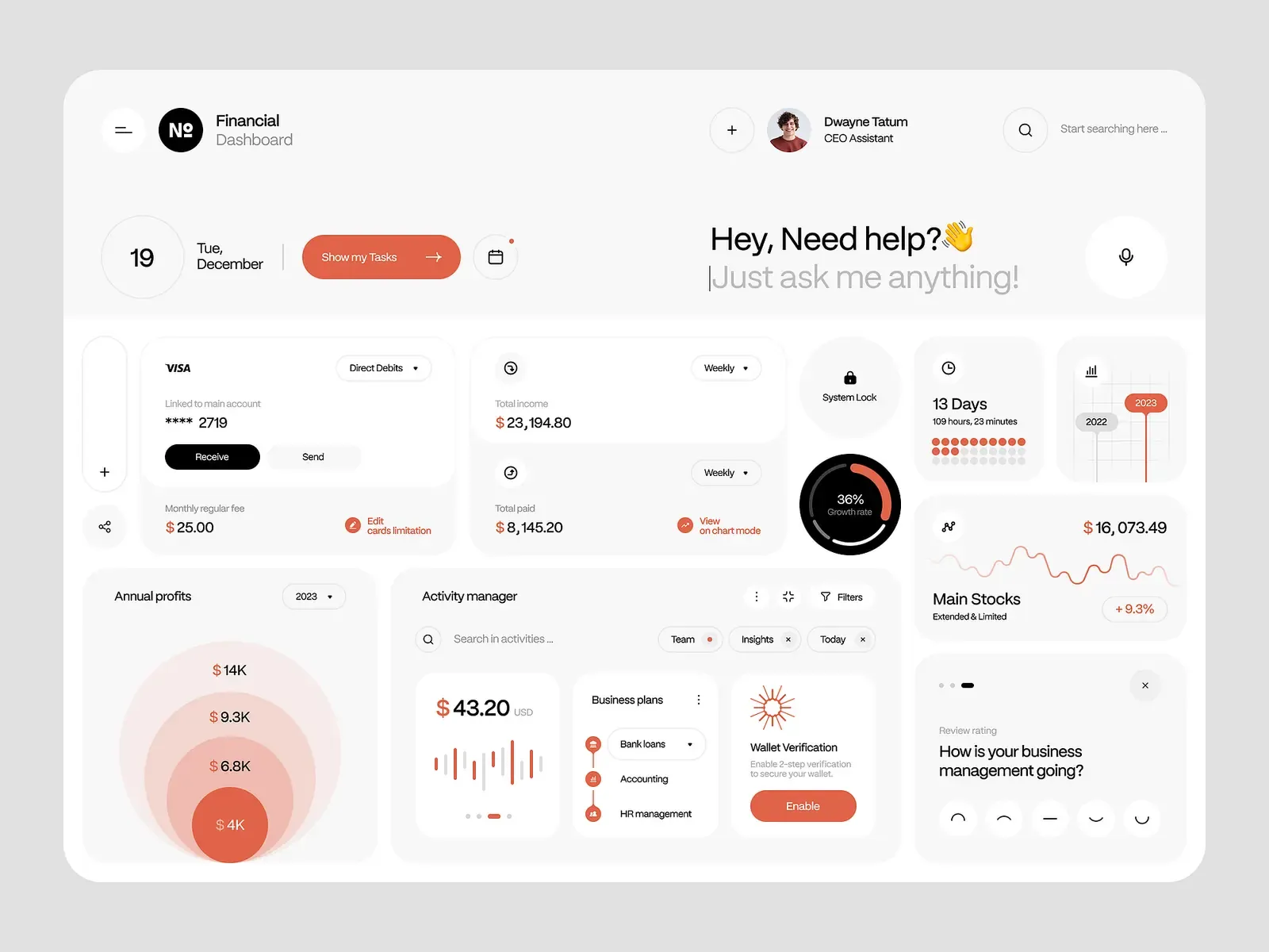 Analytics dashboard interface with charts, metrics and activity feed